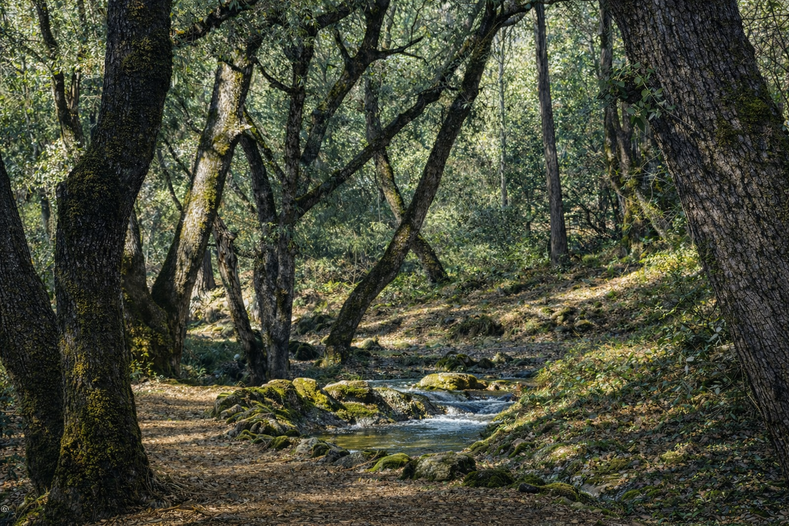 A creek running through a canopy of mossy oaks