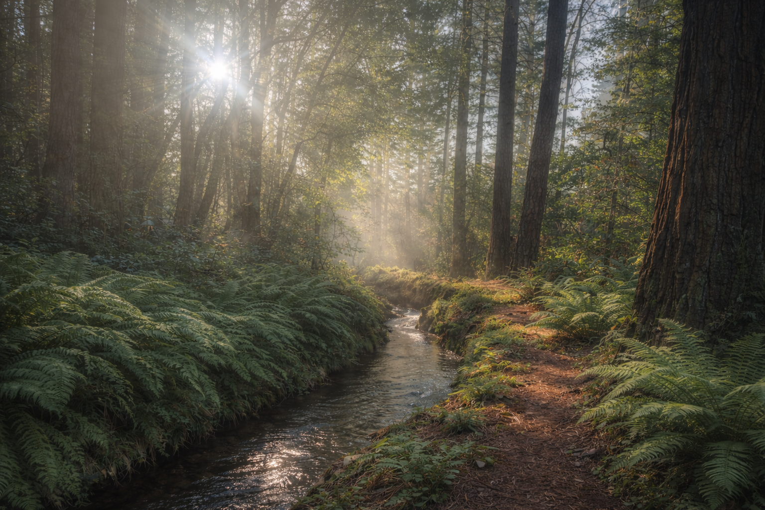 Morning light through a misty forest beside a fern-lined stream