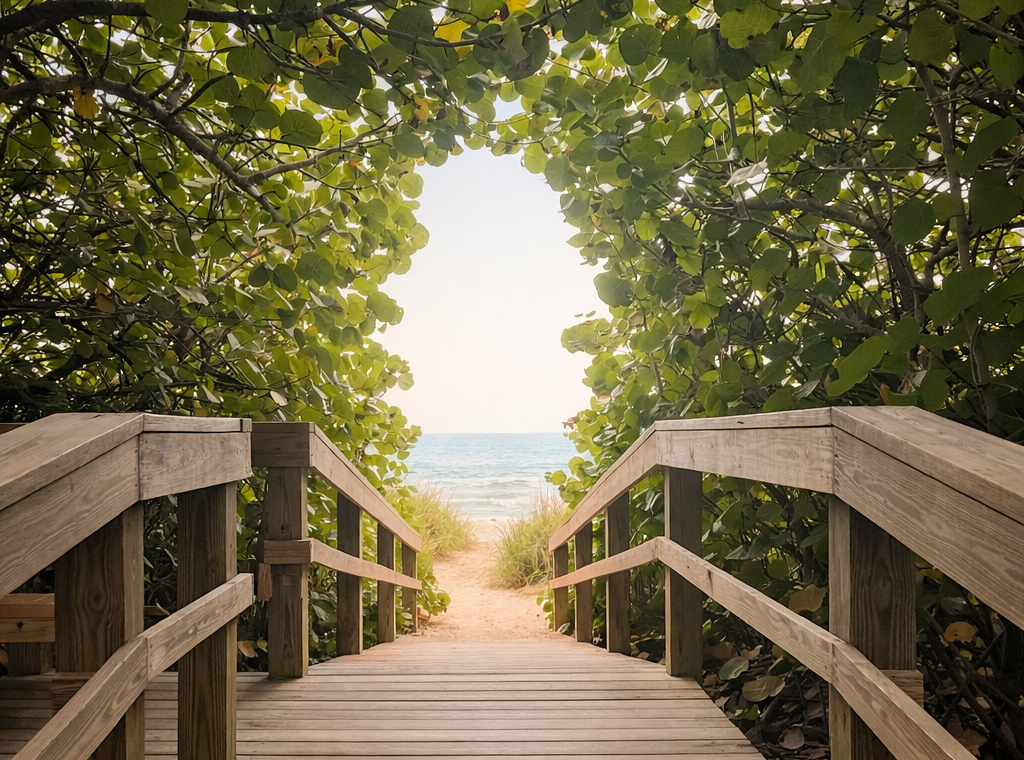 A wooden boardwalk through an arch of green leaves leading to the beach