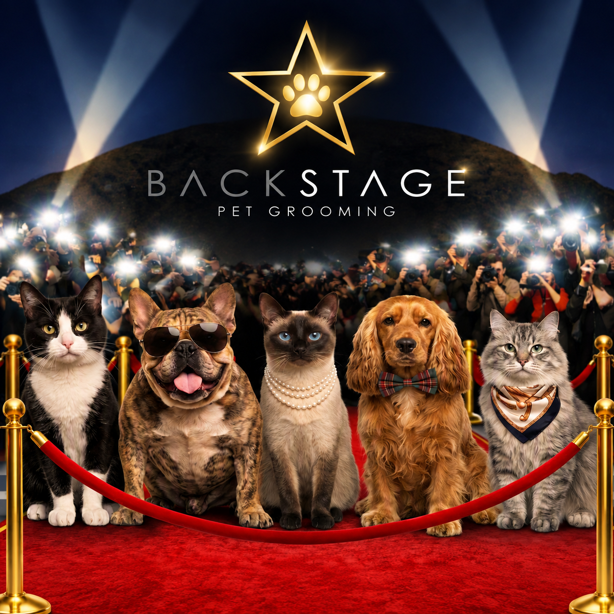 Backstage Pet Grooming VIP red carpet — pampered cats and dogs on the red carpet under the gold star logo