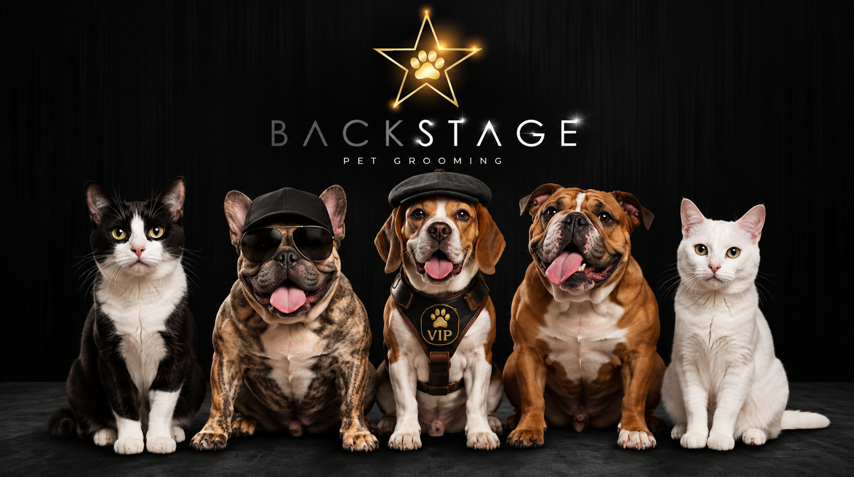 The Backstage Pet Grooming VIP crew — black & white cat, French bulldog with cap and aviators, beagle in VIP harness, English bulldog and white cat, under the new Backstage star logo