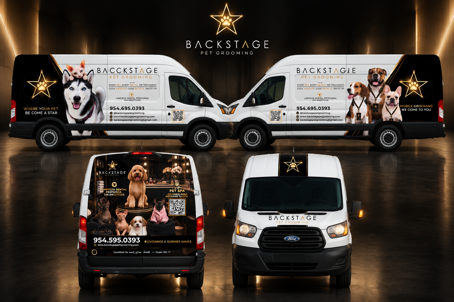 Backstage Pet Grooming branded fleet van, side, front and rear wraps with the new gold star logo