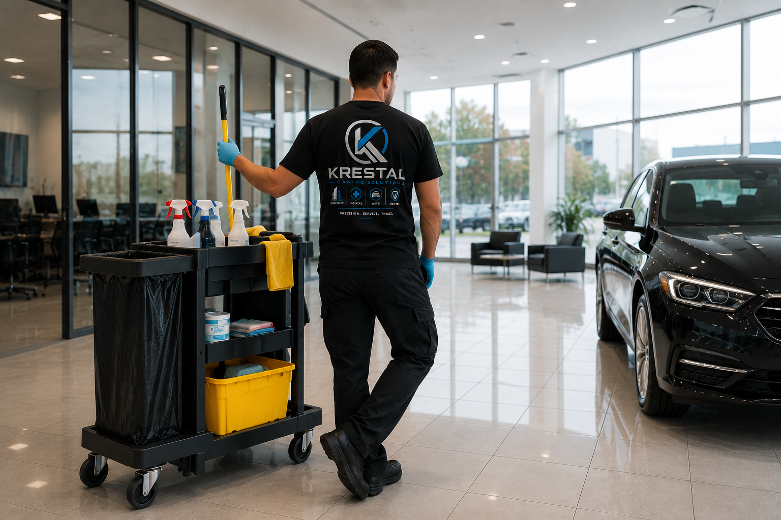 Auto dealership showroom professionally cleaned by Krestal in Rocklin, CA