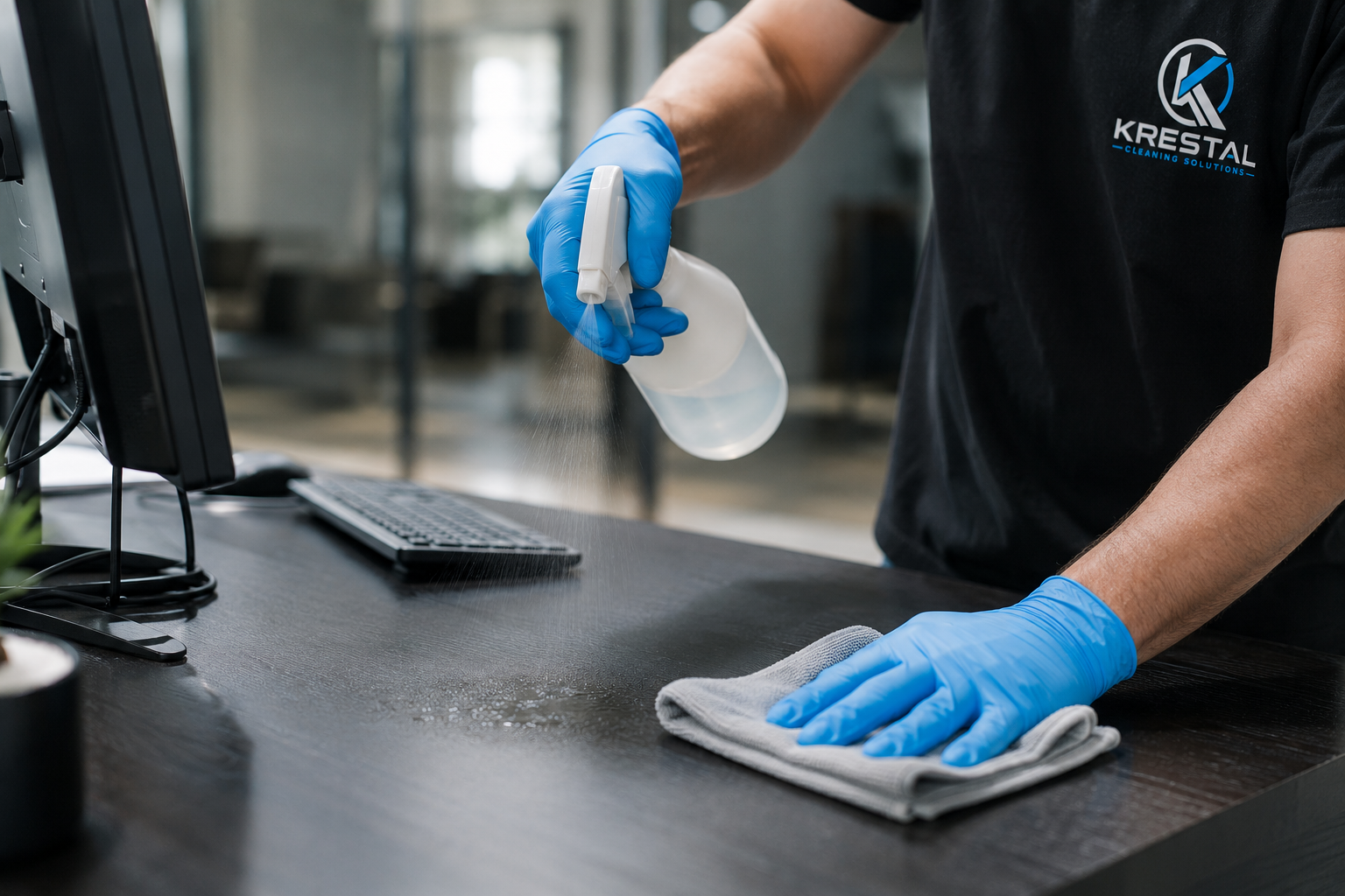 Close-up of Krestal disinfecting a desk surface in a Rocklin office