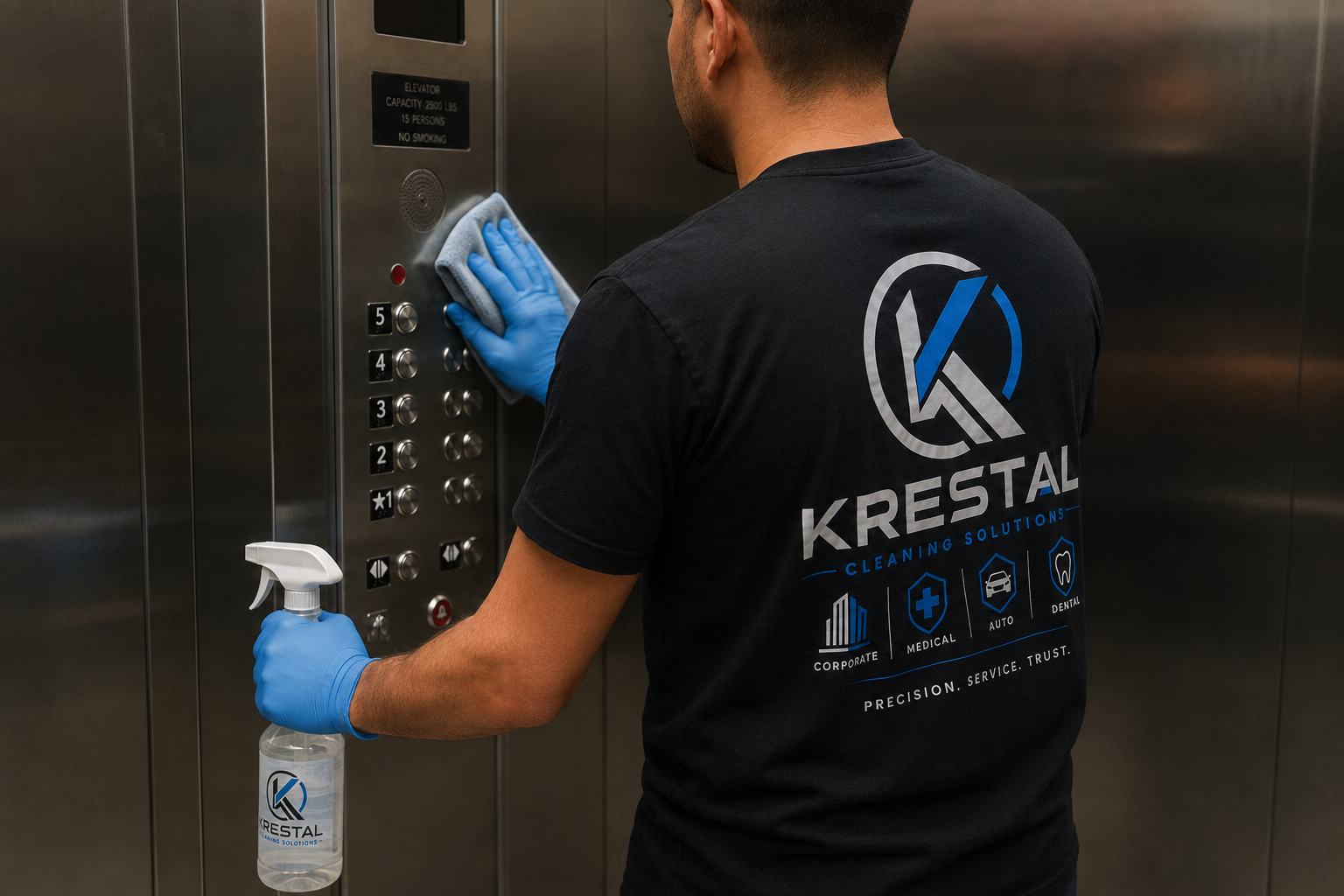 Krestal cleaning high-touch elevator buttons in a Roseville commercial building