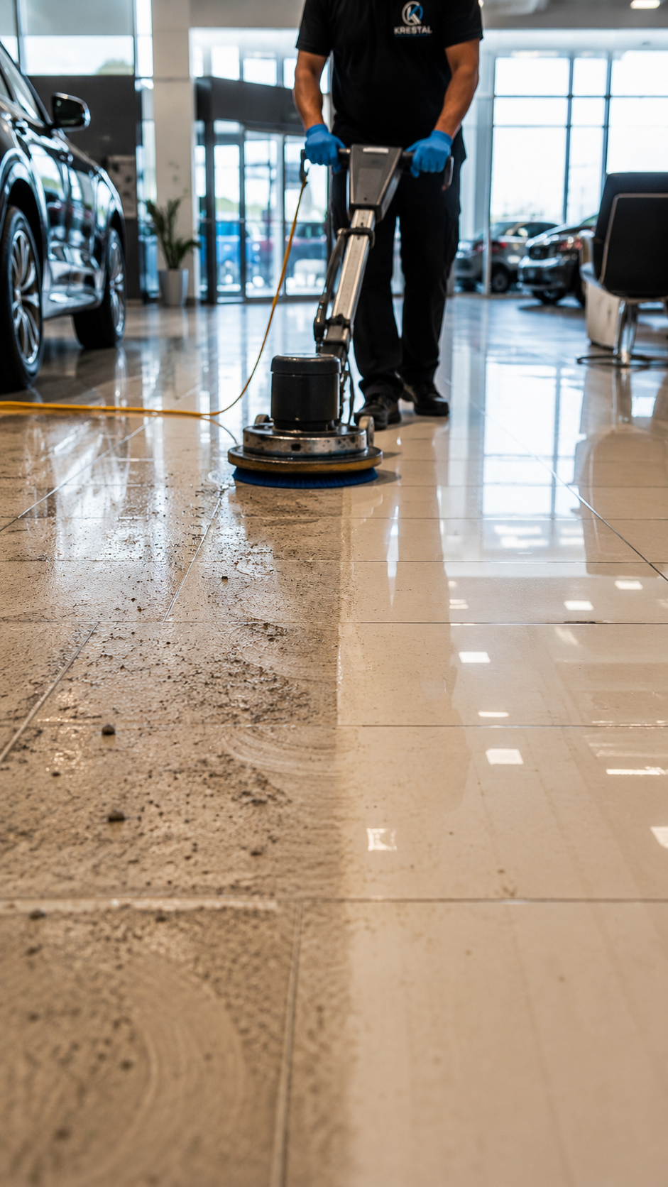 Car showroom floor before and after Krestal commercial cleaning in Rocklin, CA