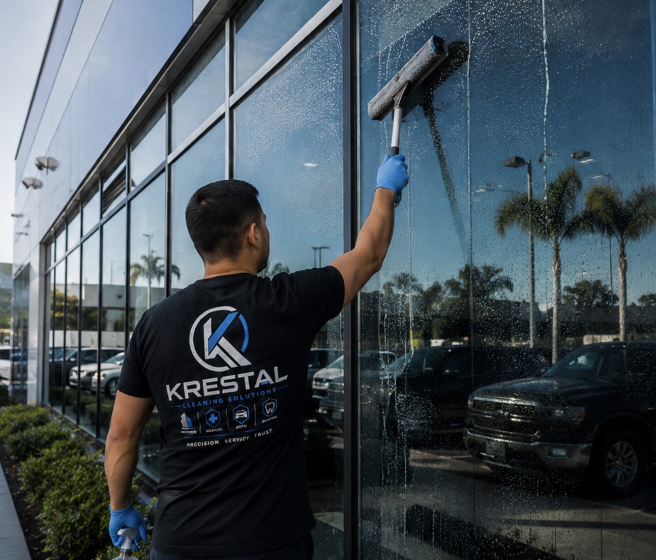 Exterior dealership windows cleaned streak-free by Krestal in Rocklin, CA