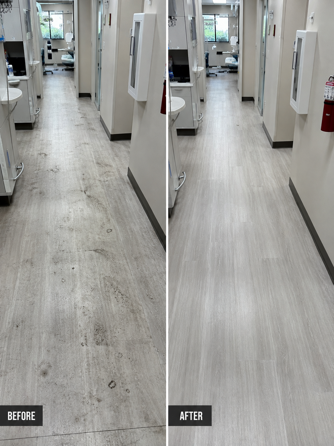 Med spa floor before and after professional cleaning by Krestal, Rocklin CA