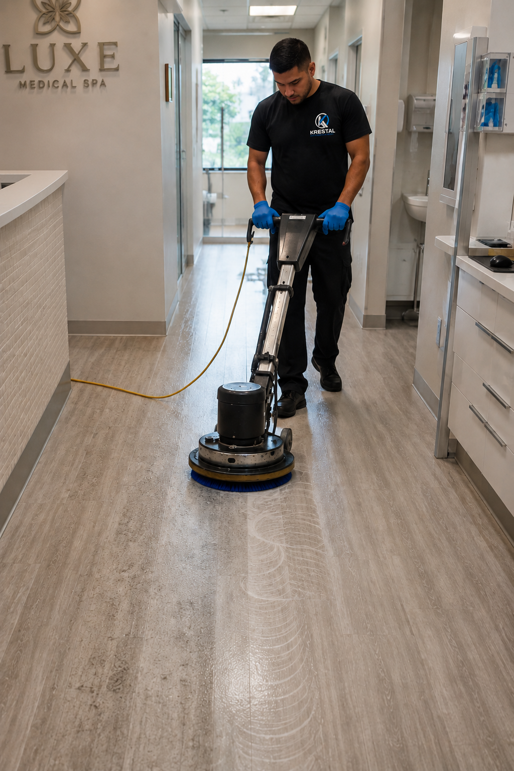 Krestal crew member cleaning a medical spa floor in Rocklin, CA