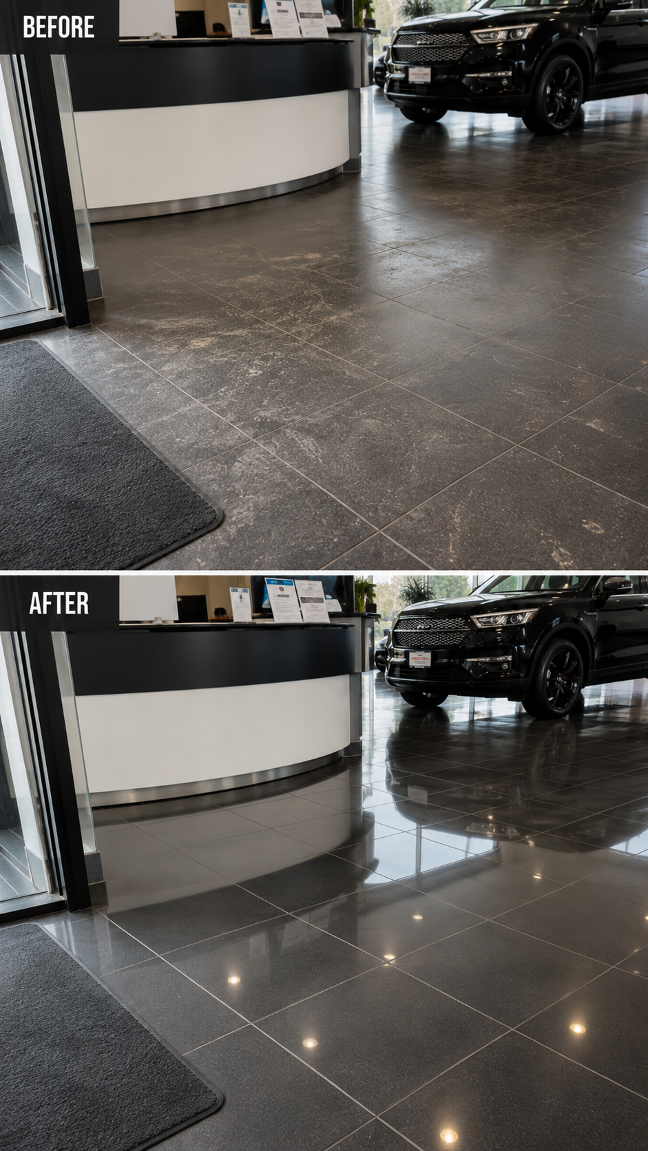 Auto dealership floor before and after Krestal commercial cleaning in Rocklin, CA