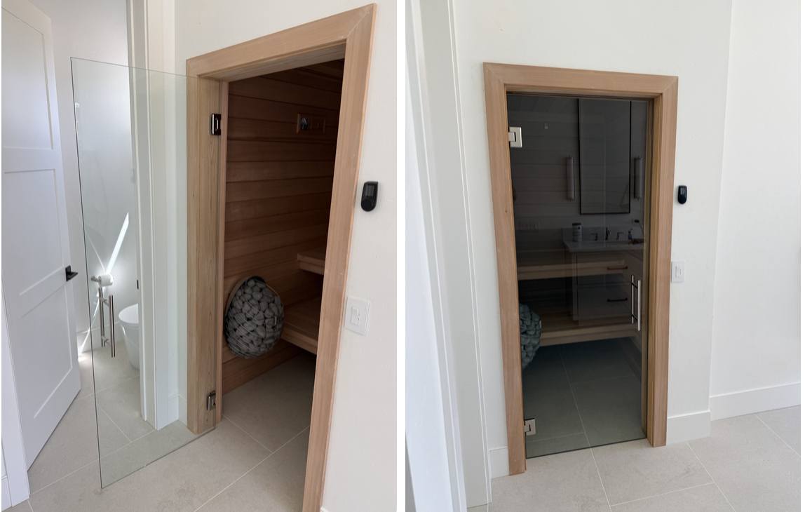 Sauna glass door open and closed, tinted, side by side