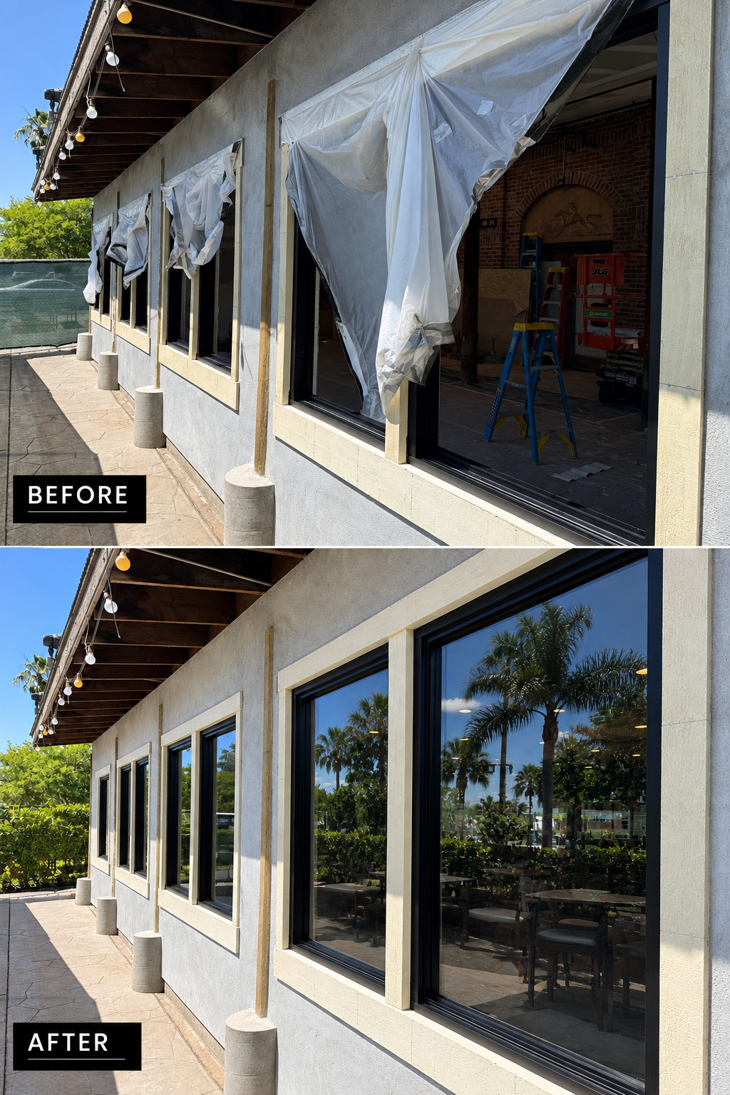 Before and after window replacement, old warped frame replaced with new dual-pane unit, Rocklin CA