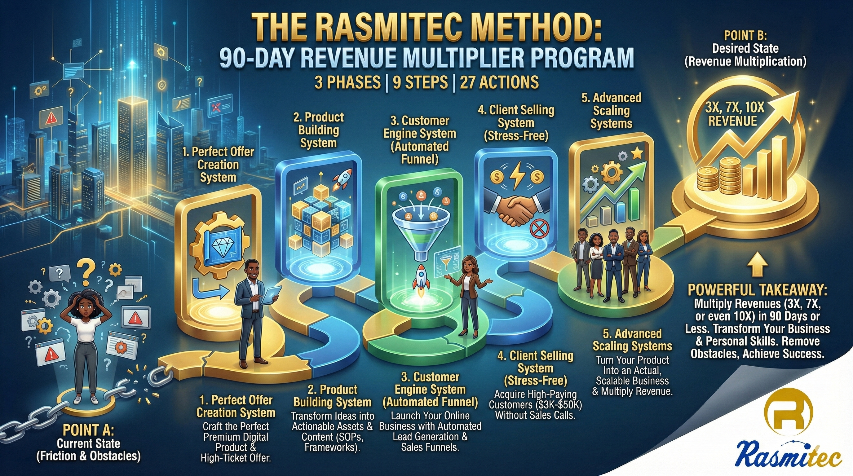 The Rasmitec Method — 90-Day Revenue Multiplier · 3 Phases · 9 Steps · 27 Actions