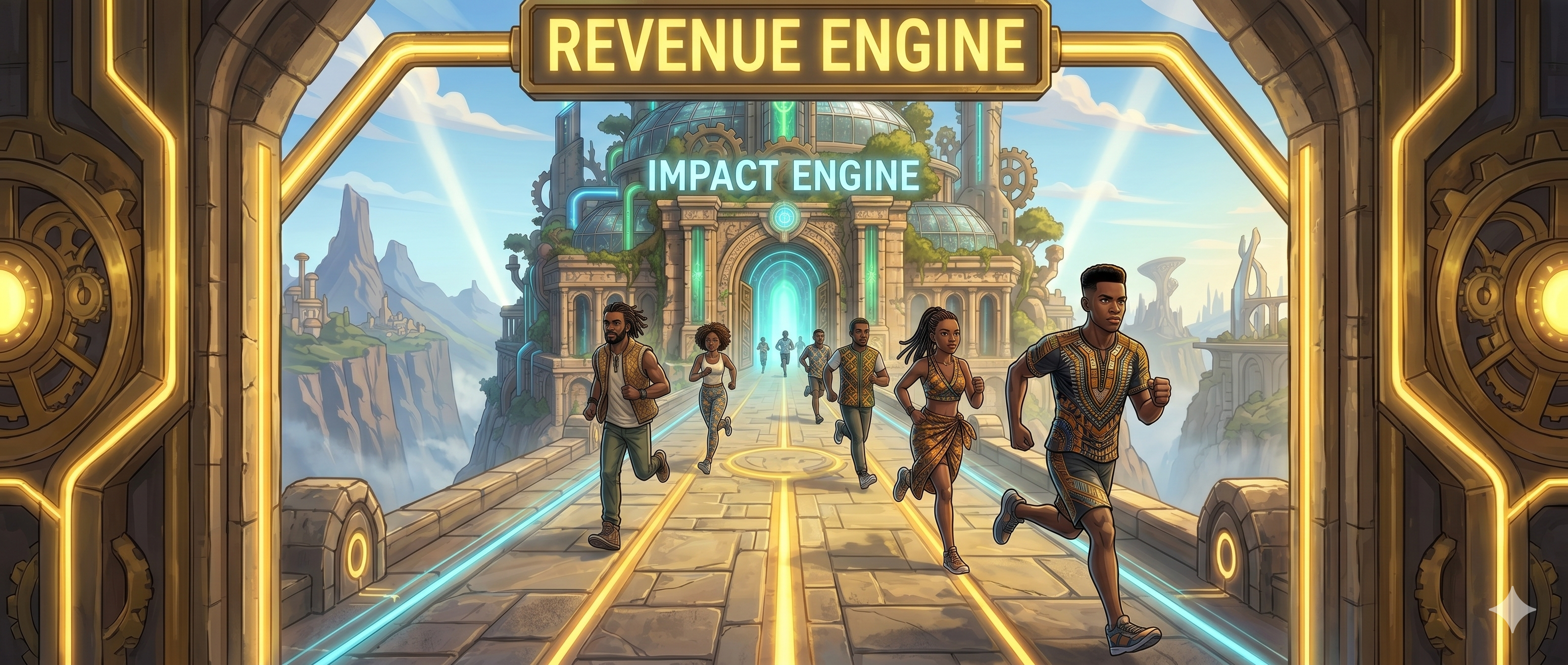 The Sprint — Centurions running from the Impact Engine (Engine 1) toward the Revenue Engine (Engine 2). The Golden Chain in motion.