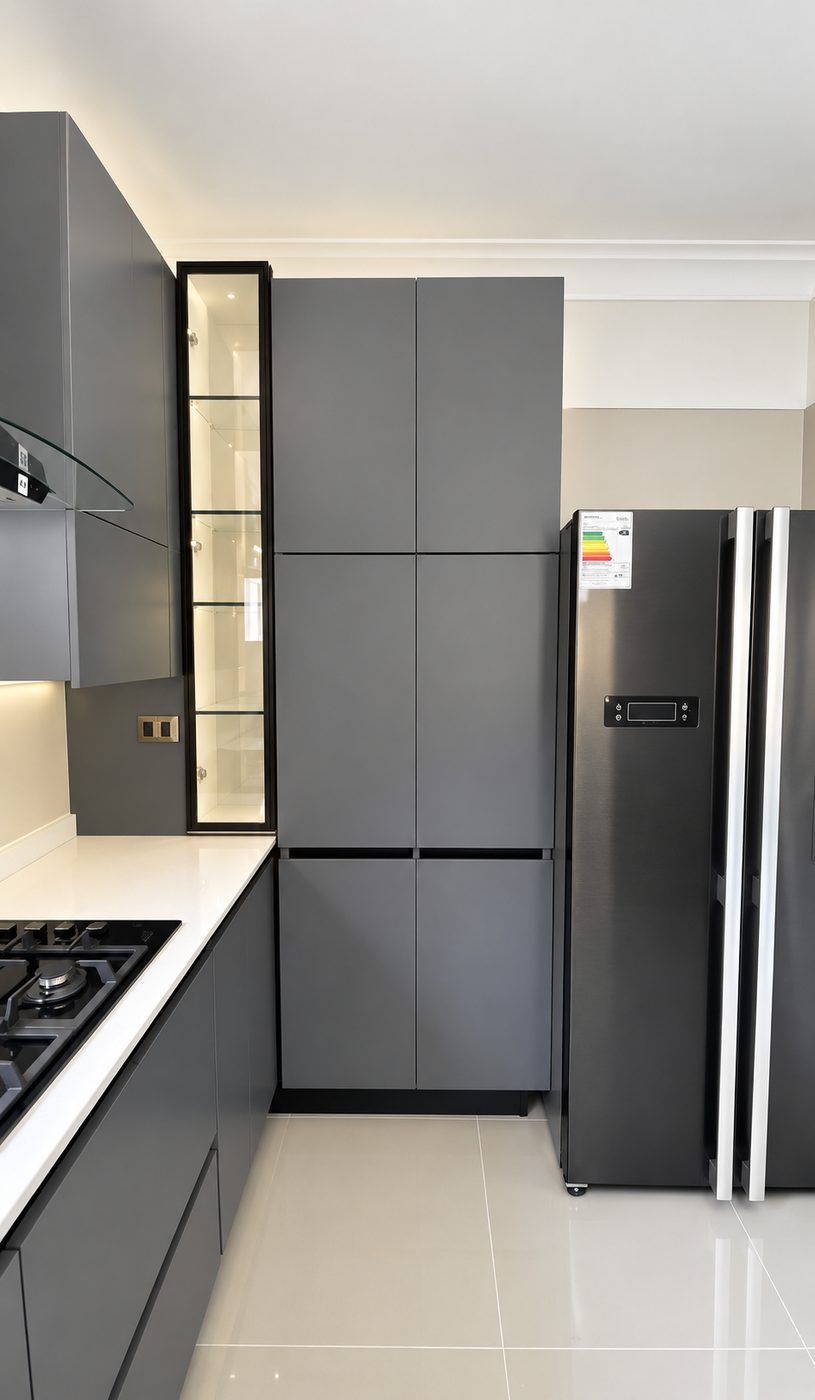 Cocina moderna con muebles grafito sin tiradores, vitrina iluminada, cubierta blanca y refrigerador de dos puertas