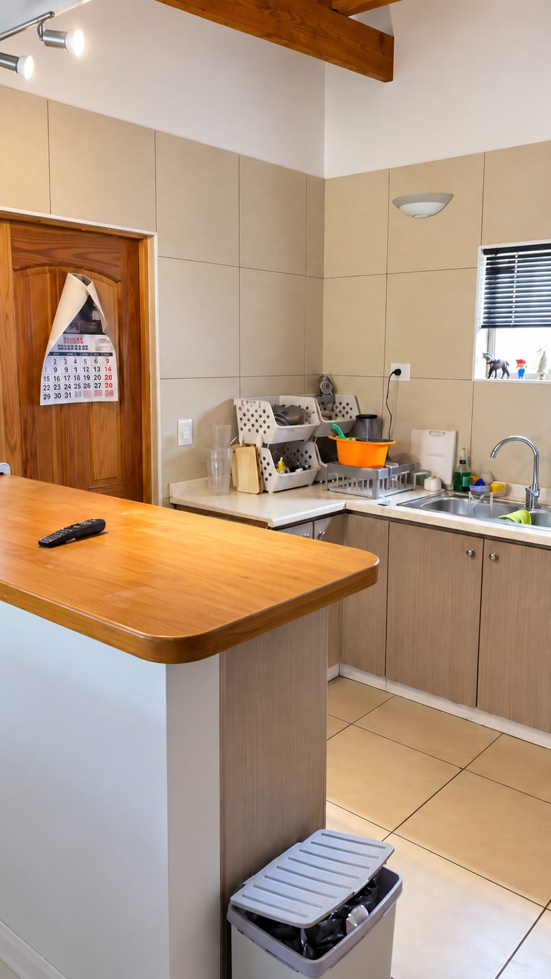 Cocina antes de la remodelación, con muebles antiguos, barra de madera y revestimiento beige