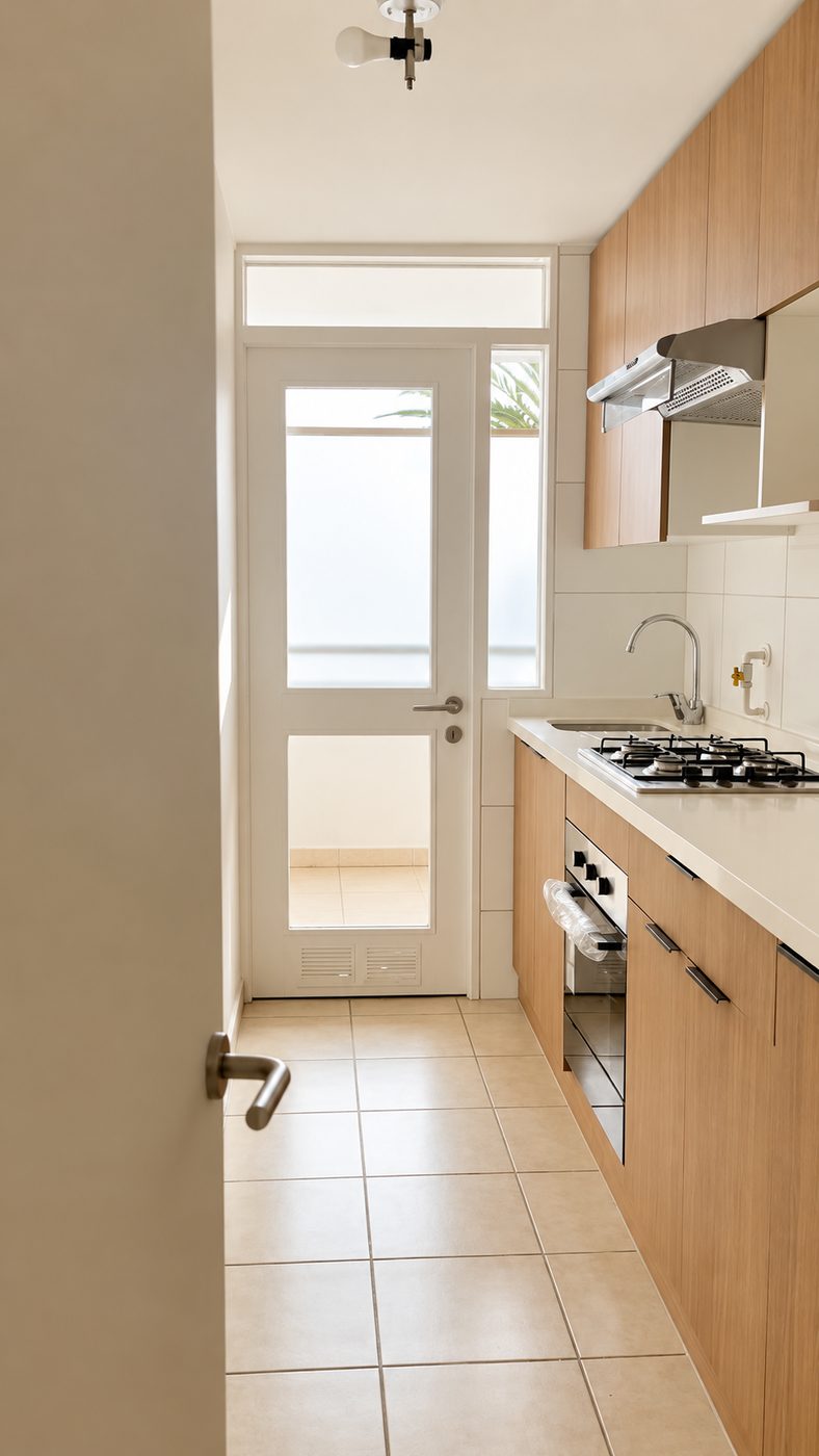 Cocina remodelada en Las Condes, con muebles de madera, cubierta blanca y puerta vidriada al fondo