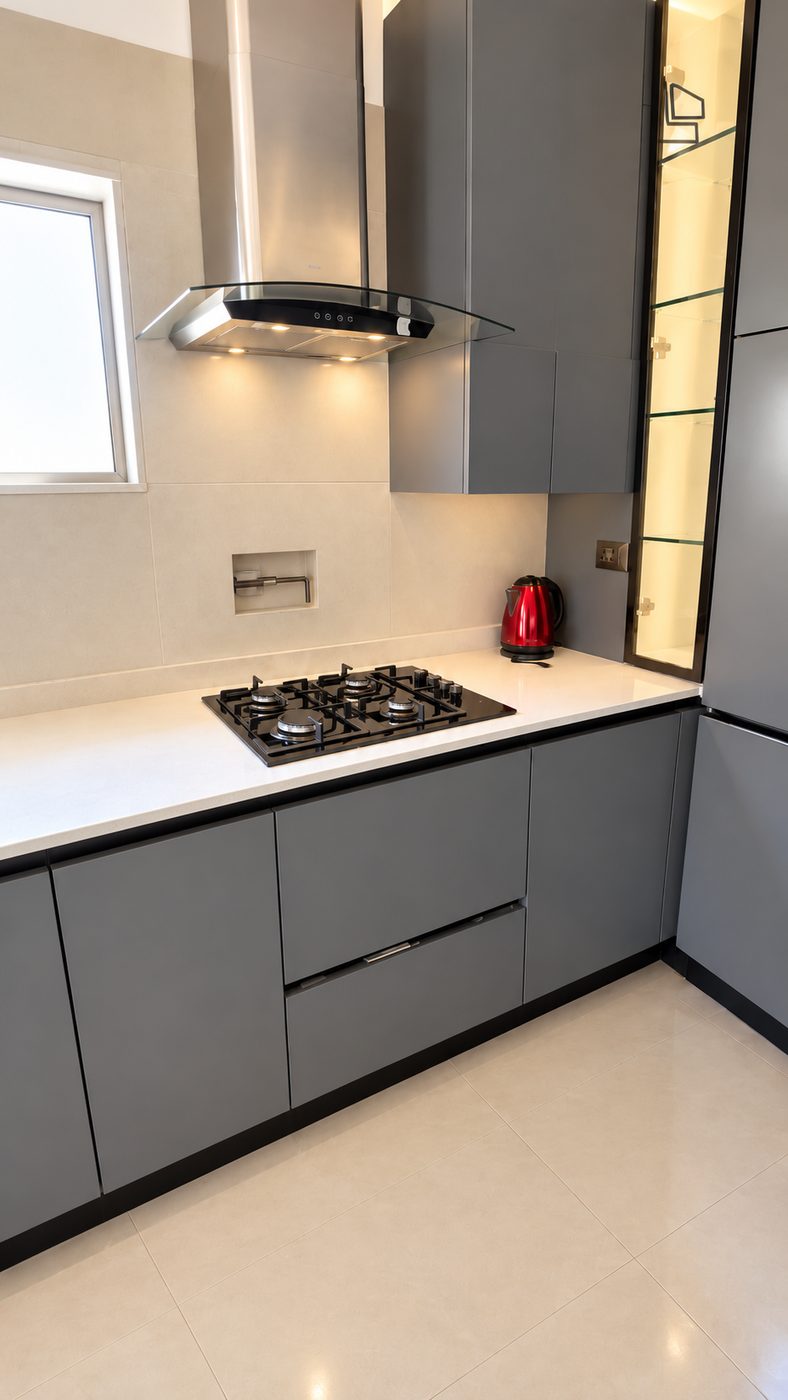 Cocina después de la remodelación, con muebles grafito, cubierta blanca, encimera negra y campana de vidrio