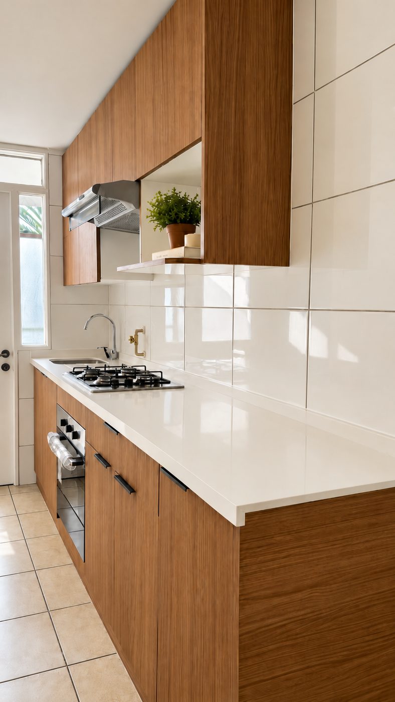 Detalle de la cocina en Las Condes con muebles altos de madera, nicho abierto y revestimiento cerámico blanco