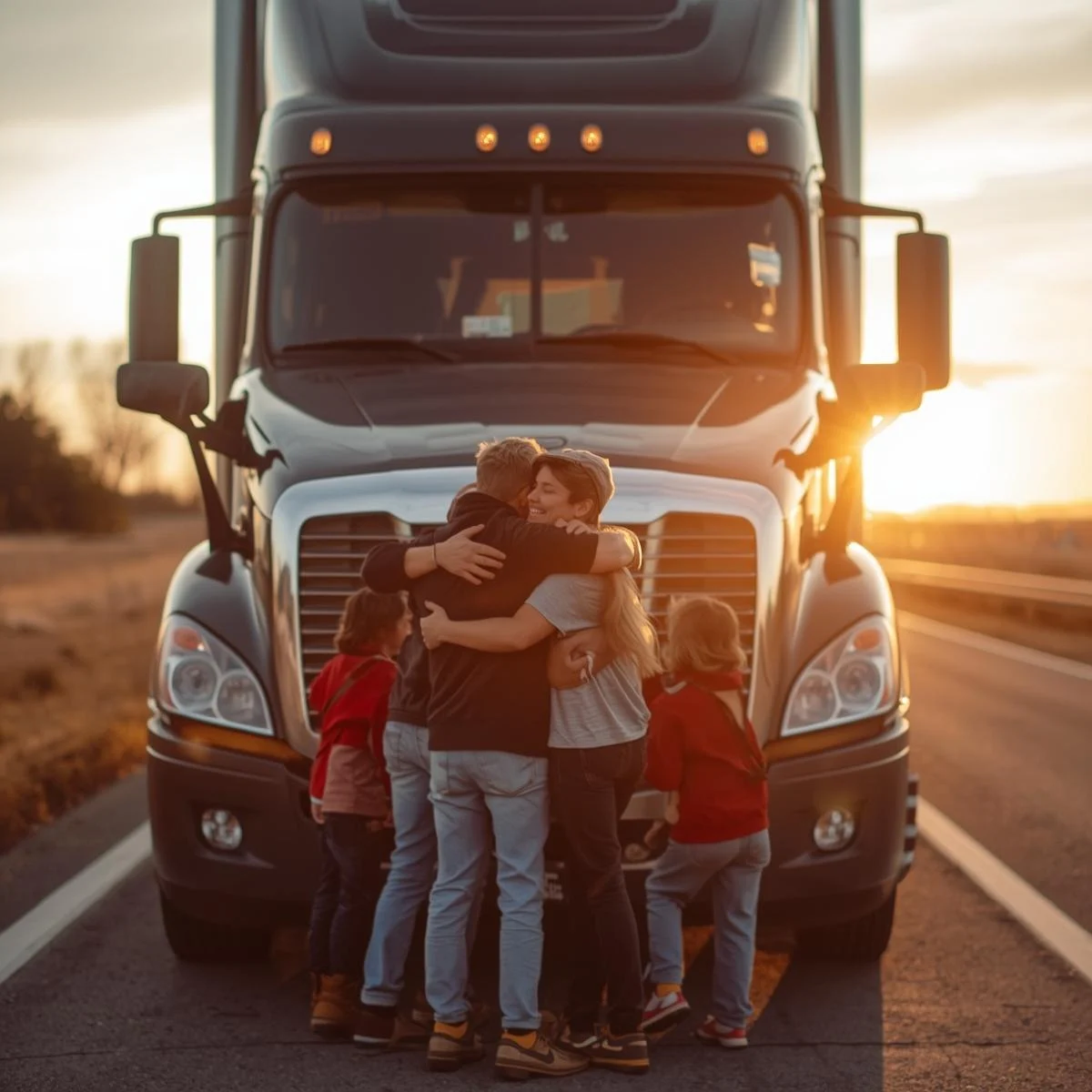 trucker hugging family in front of semi truck