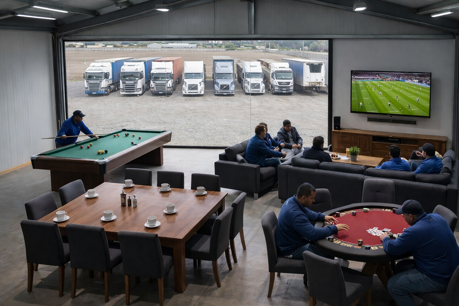 Sala recreativa con mesa de pool y TV