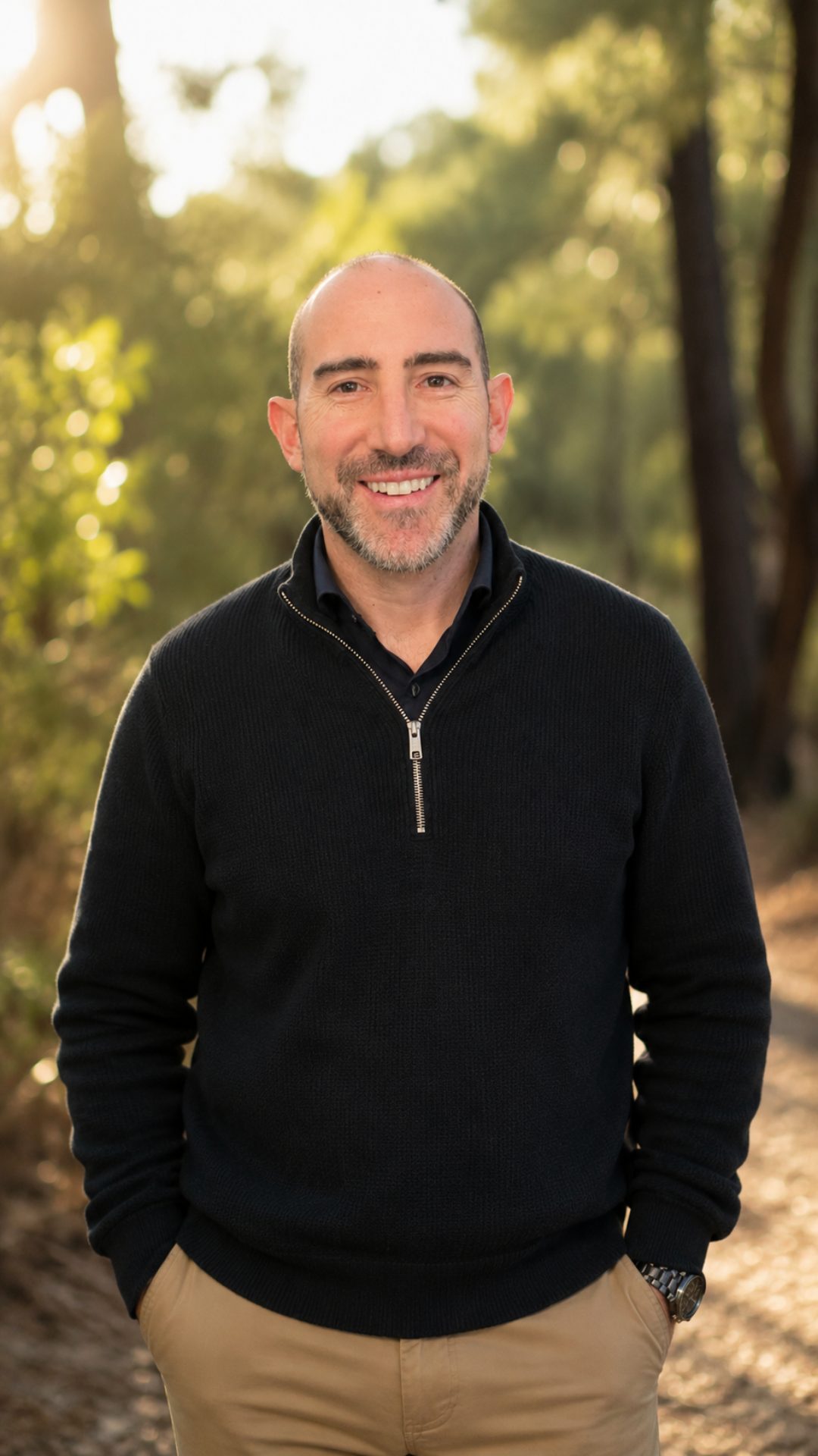 Barry Morris outdoors among trees in warm light
