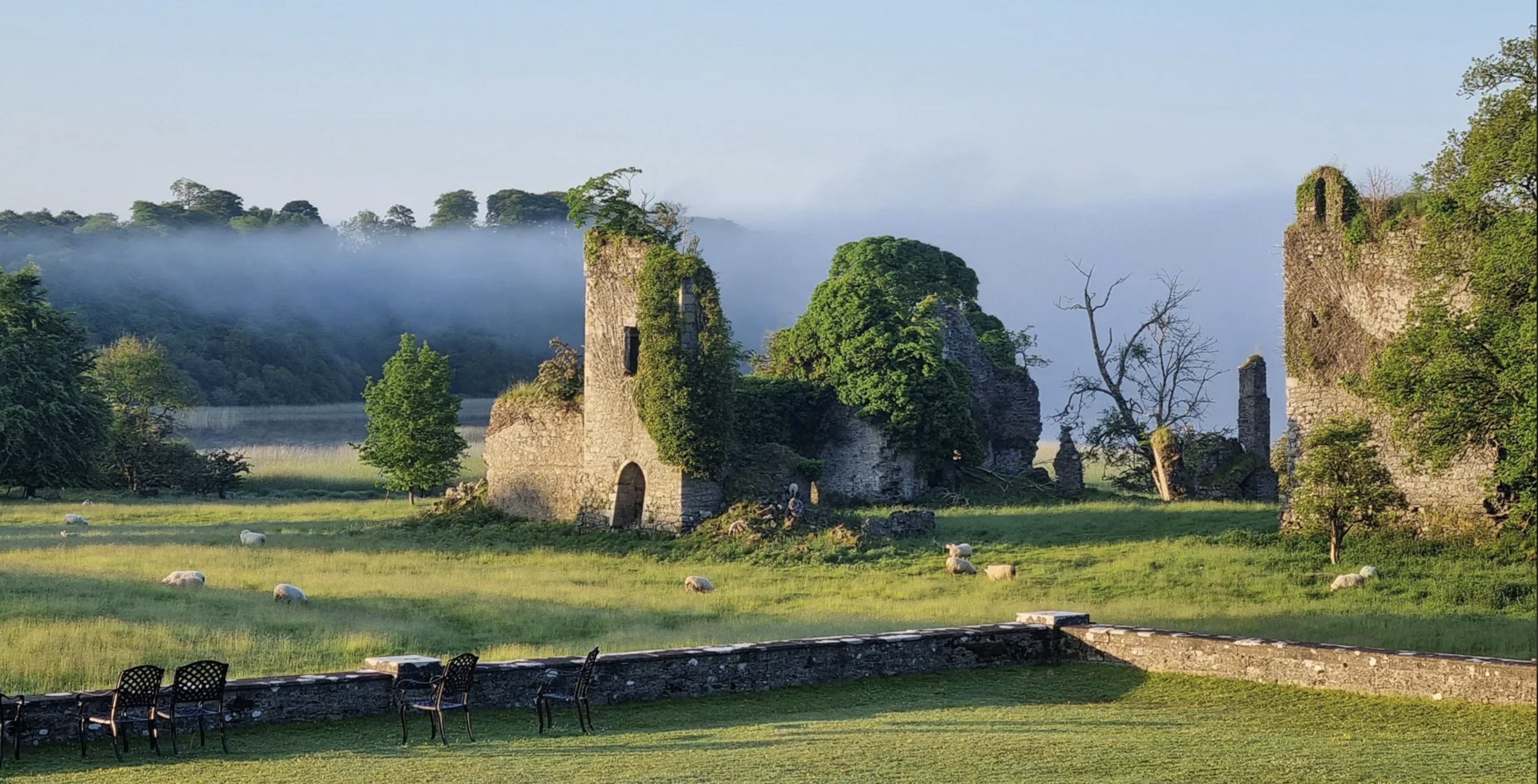 Misty ruins on the Temple House estate at dawn