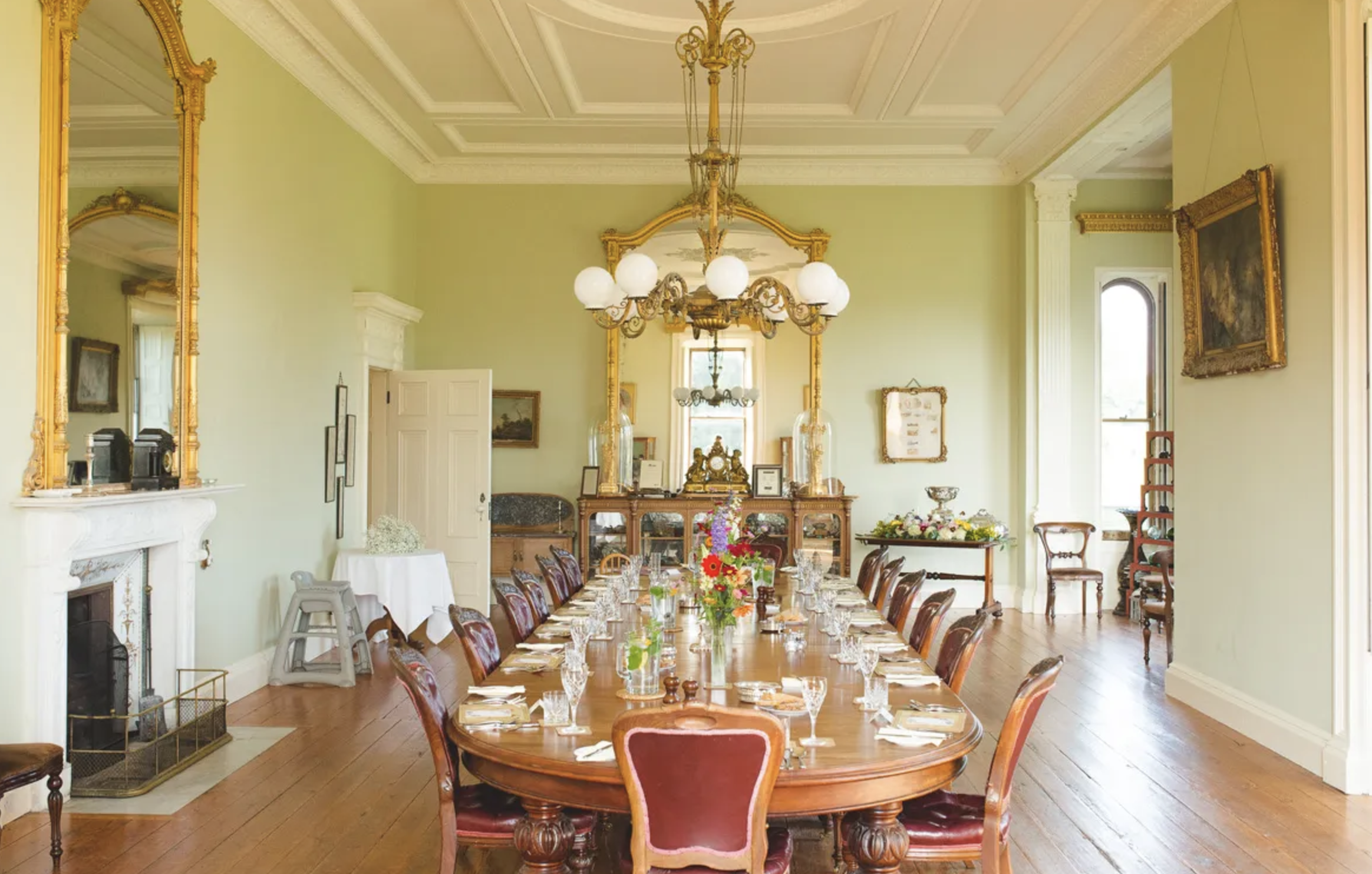 Grand dining room at Temple House set for dinner