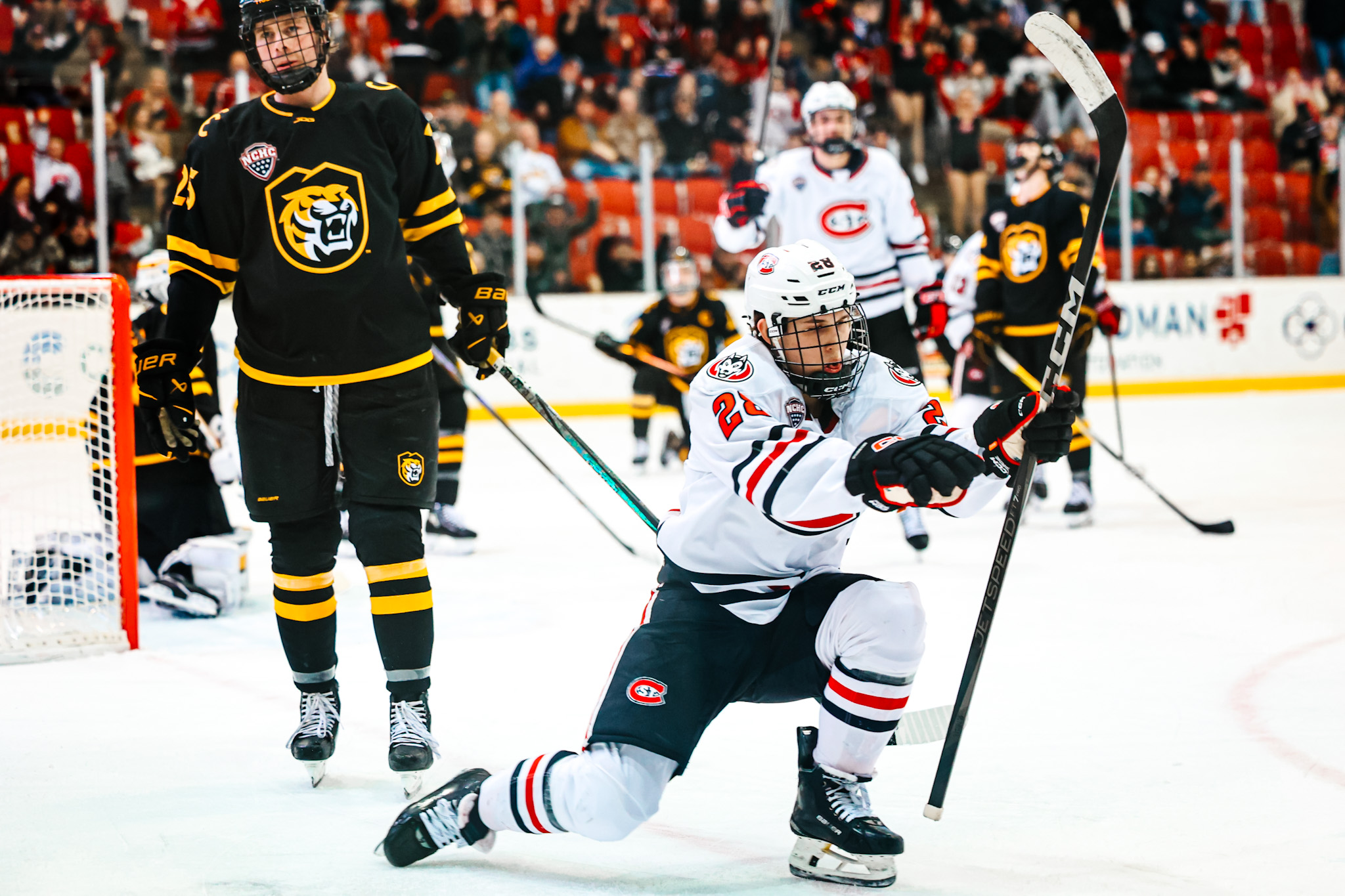 St. Cloud State player celebrates a goal