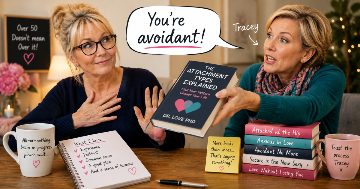 Humorous dating scene featuring two women over 50 discussing attachment styles, relationship labels and modern dating advice, with one woman offering a book on attachment theory.