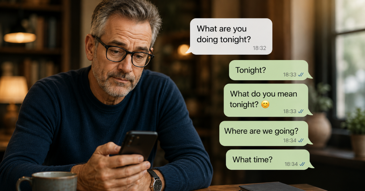 Humorous dating image showing a man texting 'What are you doing tonight?' while receiving a series of replies including 'Tonight?', 'Where are we going?' and 'What time?', highlighting the clash between spontaneity and planning in modern dating over 50