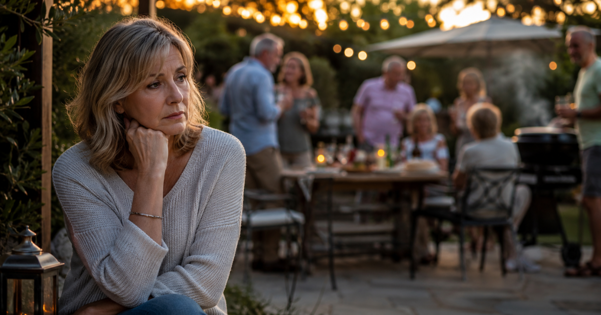 A woman in her 50s sits alone watching family and friends enjoy a summer barbecue, reflecting on feelings of loneliness and the memories of a past relationship.