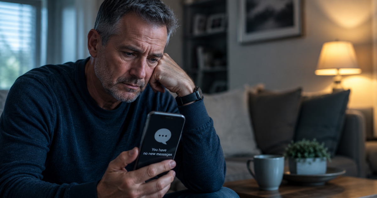 A thoughtful man in his 50s stares at a phone with no new messages, symbolising the difference between missing a former partner and missing companionship after a relationship ends.