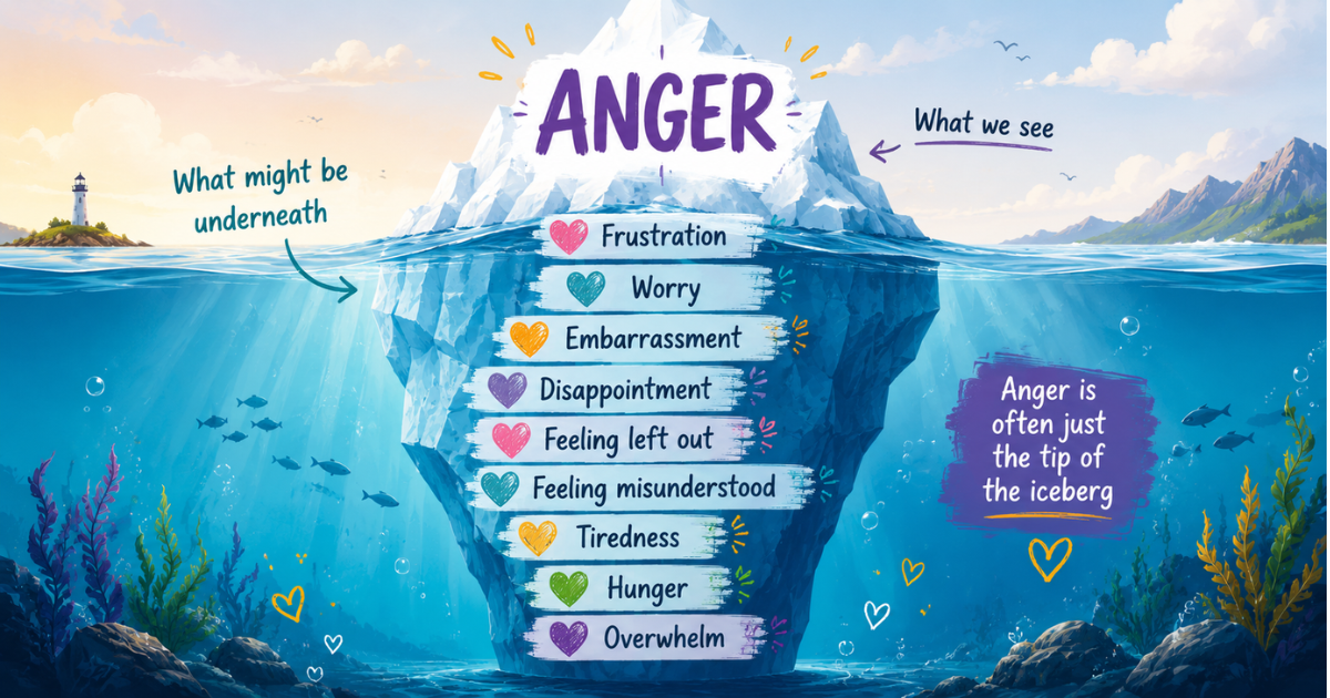 Iceberg infographic showing anger as the visible emotion with hidden feelings underneath including frustration, worry, embarrassment, tiredness, hunger and overwhelm. Iceberg infographic showing anger as the visible emotion with hidden feelings underneath including frustration, worry, embarrassment, tiredness, hunger and overwhelm.