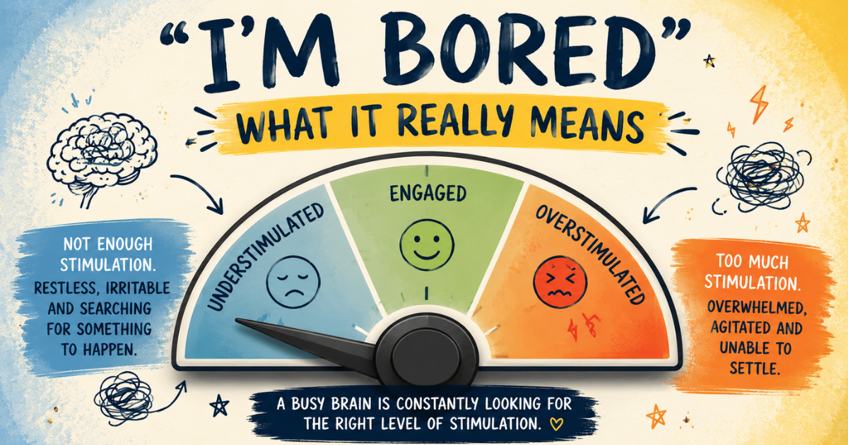 Infographic explaining boredom in teenagers with busy minds, featuring a stimulation dial showing understimulated, engaged and overstimulated states and how the brain searches for the right level of stimulation.
