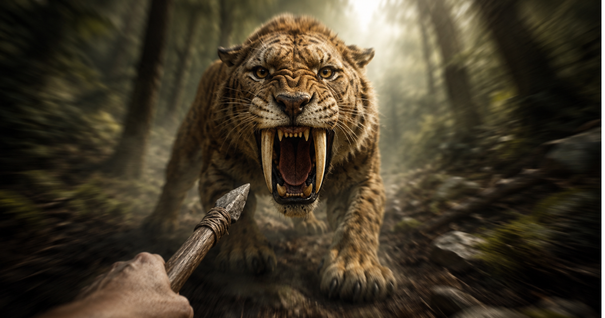 First-person illustration of a hand holding a spear while facing a sabre-toothed tiger, with everything except the tiger blurred to demonstrate how the brain narrows its attention during a fight or flight response. First-person illustration of a hand holding a spear while facing a sabre-toothed tiger, with everything except the tiger blurred to demonstrate how the brain narrows its attention during a fight or flight response.