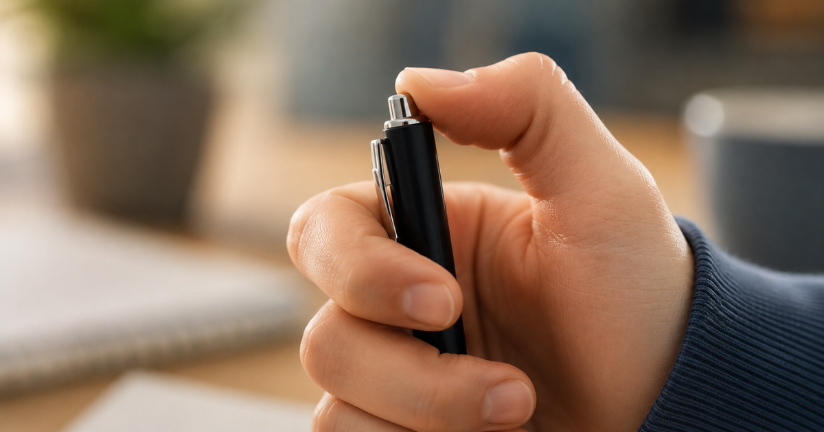 Close-up of a hand repeatedly clicking the button on a retractable pen, illustrating how small repetitive movements can help some children with busy brains self-regulate and stay focused.