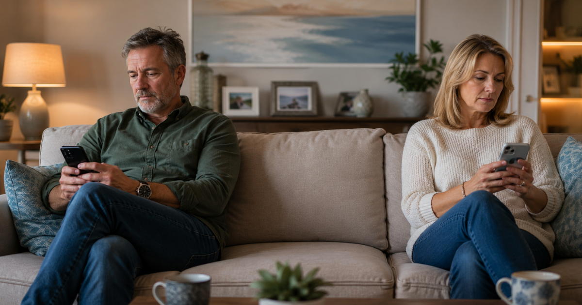 A man and woman in their 50s sit at opposite ends of a sofa, each looking at their phone, symbolising emotional distance and a lack of connection within a relationship.