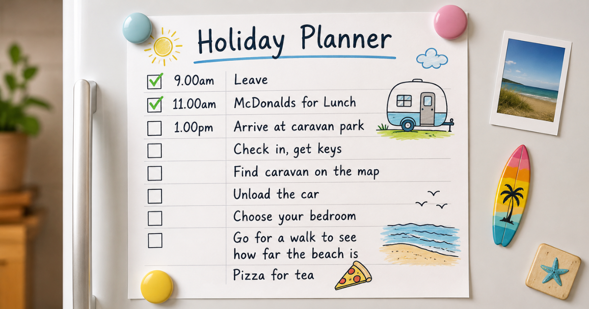 Holiday planner displayed on a fridge with a visual timeline showing travel plans, illustrating how clear routines and predictable schedules can help reduce anxiety in children with busy brains.