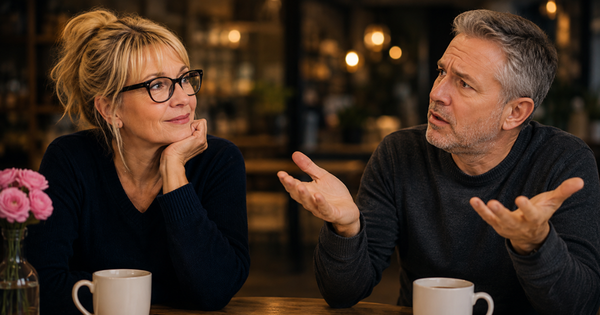 A woman in her 50s wearing black glasses listens to a puzzled man in his 50s as he gestures with his hands during a conversation about what having a good sense of humour really means in dating.