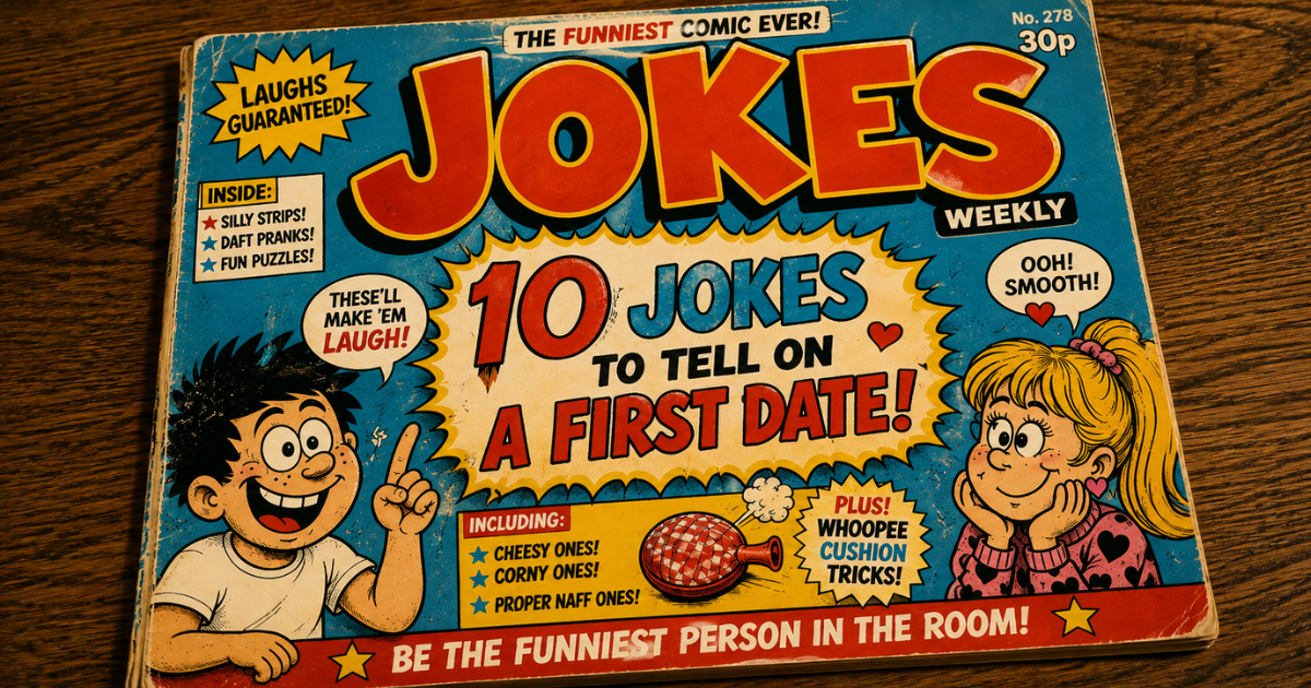 A fictional retro British children’s comic featuring the headline “10 Jokes to Tell on a First Date”, humorously illustrating the misconception that having a good sense of humour means being able to tell jokes.