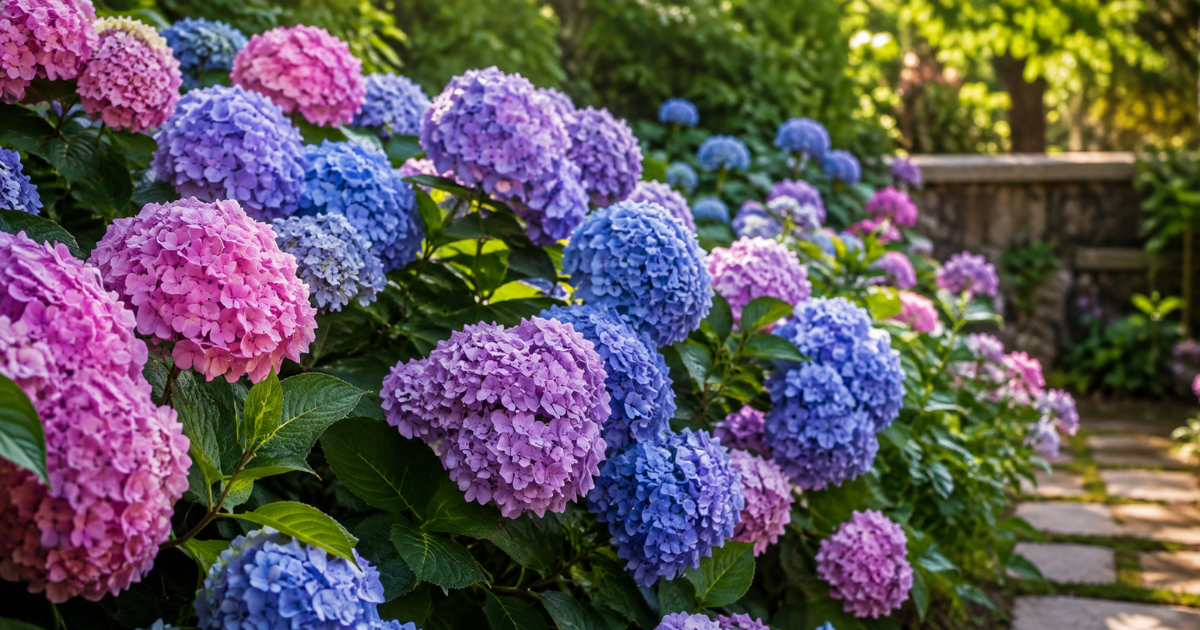 Pink, purple and blue hydrangeas flowering in a mature garden