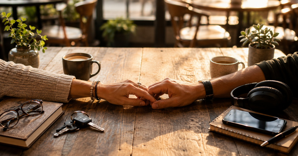 Two people holding hands across a café table, with their own personal belongings on either side, representing maintaining independence in a relationship.