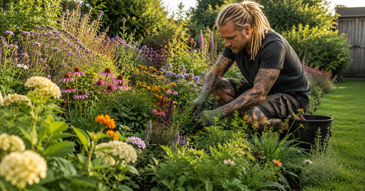 Gardener caring for plants in a colourful established garden in late summer Gardener caring for plants in a colourful established garden in late summer