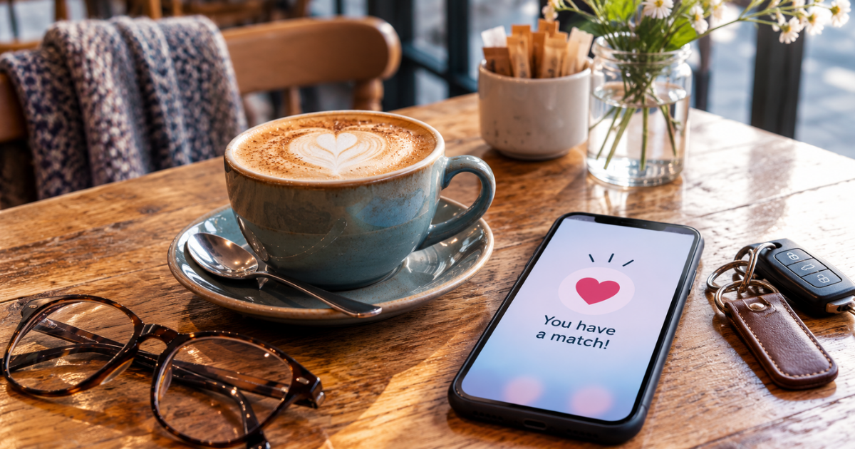 Latte and smartphone on a café table displaying “You have a match!” with a heart. Latte and smartphone on a café table displaying “You have a match!” with a heart.