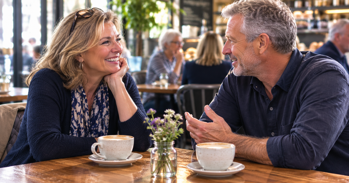 Man and woman in their 50s enjoying coffee together on a first date in a busy café. Man and woman in their 50s enjoying coffee together on a first date in a busy café.