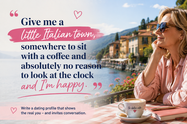 Woman over 50 enjoying coffee in a sunny Italian town, illustrating how specific details can bring a dating profile to life.