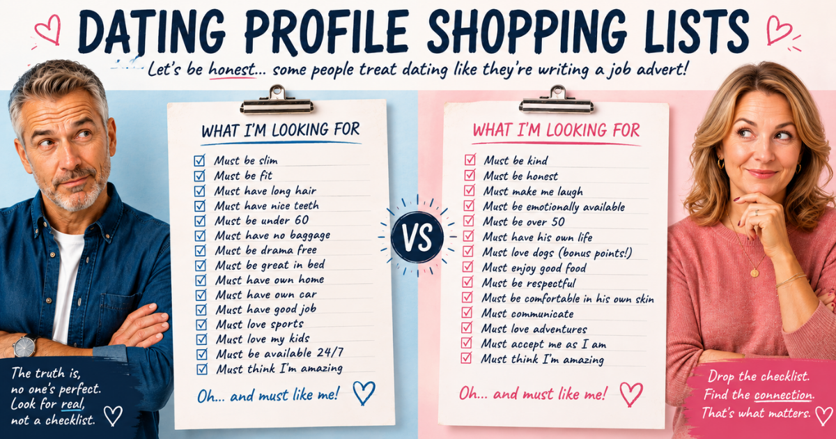 Man and woman over 50 with dating profile checklists showing a long list of requirements for a potential partner.