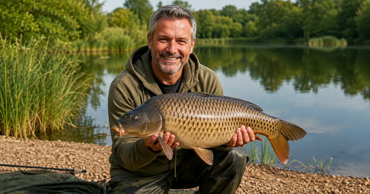 Man in his 50s smiling while holding a large carp beside a lake for a dating profile photo. Man in his 50s smiling while holding a large carp beside a lake for a dating profile photo.