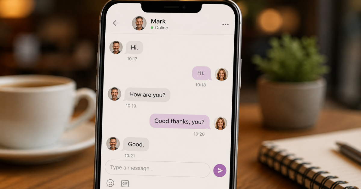 Smartphone showing a brief dating app conversation saying “Hi”, “How are you?” and “Good thanks, you?” Smartphone showing a brief dating app conversation saying “Hi”, “How are you?” and “Good thanks, you?”